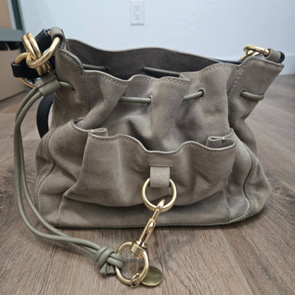See by Chloe Suede Bucket Bag Drawstring Closure Gold Hardware Taupe Beige